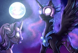 Size: 1500x1016 | Tagged: safe, artist:not-ordinary-pony, derpibooru import, starlight glimmer, twilight sparkle, alicorn, pony, unicorn, banishment, crying, duo, evil twilight, female, glowing eyes, mare, mare in the moon, moon, nightmare twilight, nightmarified, starlight is ahsoka, twilight is anakin, tyrant sparkle