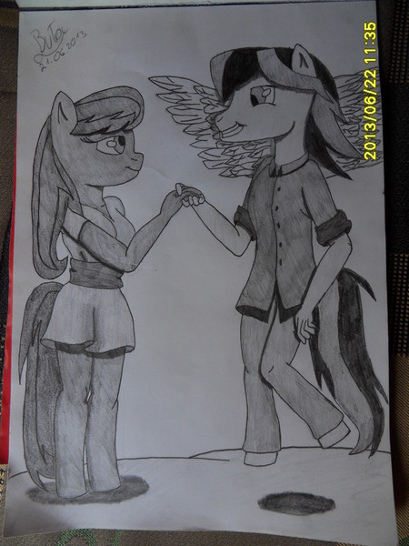 Size: 2736x3648 | Tagged: safe, artist:cypisek95, derpibooru import, oc, oc:light flash, oc:white limon, unofficial characters only, anthro, earth pony, pegasus, black and white, female, flying, grayscale, holding hands, hooves, lightmon, male, monochrome, not octavia, spread wings, traditional art, wings