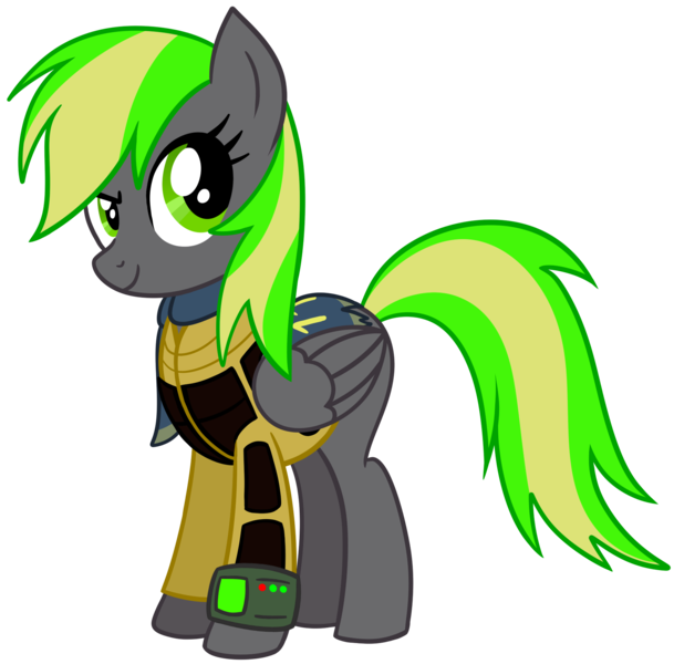 Size: 1800x1774 | Tagged: safe, artist:x-blackpearl-x, derpibooru import, oc, oc:destiny dazzle (dee), unofficial characters only, pegasus, pony, 2020 community collab, derpibooru community collaboration, fallout equestria, armor, community collab, fallout equestria: the rejected ones, female, palindrome get, pipbuck, simple background, solo, transparent background