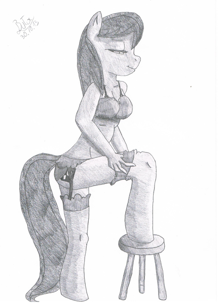 Size: 1653x2277 | Tagged: suggestive, artist:cypisek95, derpibooru import, oc, oc:light flash, unofficial characters only, anthro, earth pony, anatomically incorrect, bedroom eyes, black and white, bra, breasts, clothes, female, grayscale, hooves, incorrect leg anatomy, monochrome, not octavia, panties, simple background, socks, solo, stockings, thigh highs, traditional art, underwear, white background