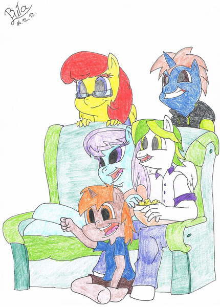 Size: 1622x2262 | Tagged: safe, artist:cypisek95, derpibooru import, oc, oc:light flash, oc:white limon, unofficial characters only, anthro, earth pony, pegasus, unicorn, dashite, female, glasses, grin, hooves, horn, lightmon, male, open mouth, simple background, smiling, traditional art, white background, wings