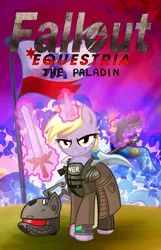 Size: 3223x5000 | Tagged: safe, artist:x-blackpearl-x, derpibooru import, dinky hooves, pony, unicorn, fallout equestria, fanfic, adult, armor, cape, clothes, cover art, explosion, fallout equestria: the rejected ones, fanfic art, fantasy class, female, flag, glowing horn, gun, handgun, hooves, horn, knight, levitation, magic, magic sword, mare, paladin, pipbuck, pistol, poster, rifle, scope, sniper rifle, solo, sword, telekinesis, warrior, weapon