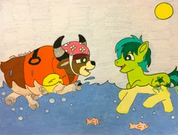 Size: 3691x2805 | Tagged: safe, artist:jamestkelley, derpibooru import, sandbar, yona, earth pony, fish, pony, yak, bubble, cloven hooves, colored pencil drawing, female, happy, horns, lifejacket, male, ocean, shipping, splash, straight, sun, swimming, teaching, traditional art, water wings, yonabar