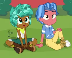Size: 1080x864 | Tagged: safe, artist:rjp.rammy, derpibooru import, biscuit, spur, equestria girls, growing up is hard to do, bandana, belt, boots, bracelet, clothes, converse, cute, equestria girls-ified, female, freckles, grass, jeans, jewelry, male, open mouth, pants, shirt, shoes, shorts, socks, weapons-grade cute, wristband
