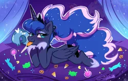 Size: 1900x1200 | Tagged: safe, artist:colorfulcolor233, derpibooru import, princess celestia, princess luna, alicorn, pony, bedroom eyes, blushing, candy, cute, digital art, female, food, halloween, heart, holiday, hoof on chin, lollipop, looking at you, lunabetes, mare, mouth hold, prone, royal sisters, solo, sploot