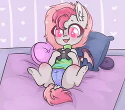 Size: 1228x1080 | Tagged: safe, artist:adelfrey, derpibooru import, oc, oc:candy quartz, unofficial characters only, bat pony, pony, :p, bat pony oc, bat wings, blanket, clothes, controller, cute, dock, ear piercing, fangs, female, gaming, panties, piercing, pillow, shaved mane, silly, solo, spread legs, spreading, sweater, tongue out, turtleneck, two toned mane, two toned wings, underhoof, underwear, video game, wing piercing, wings