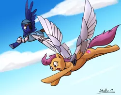 Size: 1920x1505 | Tagged: safe, artist:shieltar, derpibooru import, scootaloo, oc, pegasus, pony, amputee, artificial wings, augmented, eyepatch, flying, male, mechanical wing, older, prosthetic limb, prosthetic wing, prosthetics, scootaloo can fly, stallion, wings