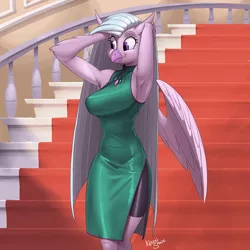 Size: 900x900 | Tagged: safe, alternate version, artist:kevinsano, derpibooru import, silverstream, anthro, classical hippogriff, hippogriff, armpits, big breasts, breasts, busty silverstream, cheongsam, clothes, dress, female, older, older silverstream, sexy, side slit, sideboob, smiling, solo, stairs, that hippogriff sure does love stairs