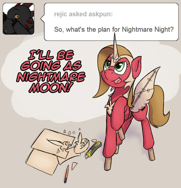 Size: 773x800 | Tagged: safe, artist:hieronymuswhite, derpibooru import, oc, oc:pun, unofficial characters only, pony, ask pun, ask, fake horn, fake wings, paper, solo