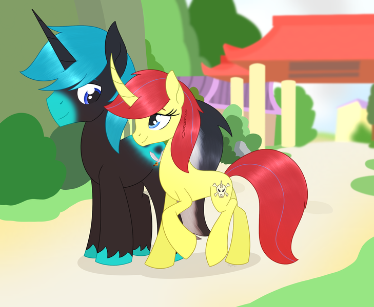 Size: 2644x2175 | Tagged: safe, artist:dyonys, derpibooru import, oc, oc:angelo, oc:maya yamato, unofficial characters only, pony, unicorn, base used, curved horn, female, height difference, horn, looking at each other, male, mare, shipping, stallion, ushorn feltlocks, yamangelo