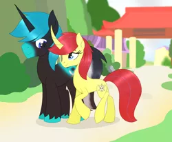 Size: 2644x2175 | Tagged: safe, artist:dyonys, derpibooru import, oc, oc:angelo, oc:maya yamato, unofficial characters only, pony, unicorn, base used, curved horn, female, height difference, horn, looking at each other, male, mare, shipping, stallion, ushorn feltlocks, yamangelo