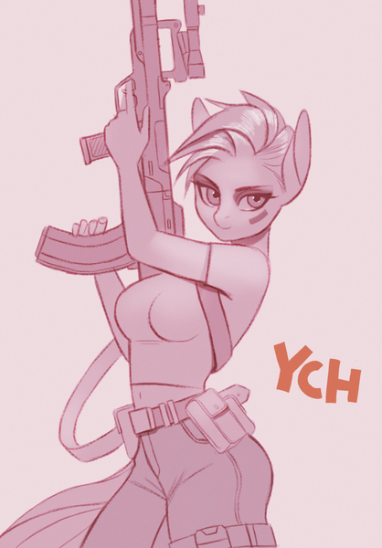 Size: 684x981 | Tagged: safe, artist:frieder1, derpibooru import, anthro, pony, auction, commission, female, gun, weapon, your character here