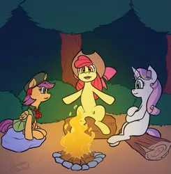 Size: 1465x1497 | Tagged: safe, artist:soulcentinel, derpibooru import, apple bloom, scootaloo, sweetie belle, earth pony, pegasus, pony, unicorn, fanfic:twin fates, campfire, camping, clothes, cover art, cutie mark crusaders, female, filly scouts, fire, hooves, log, ribbon, rock, story in the source, story included, tree, uniform