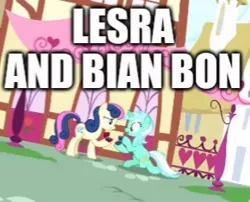Size: 290x234 | Tagged: safe, derpibooru import, edit, edited screencap, screencap, bon bon, lyra heartstrings, sweetie drops, earth pony, pony, unicorn, the big mac question, background characters doing background things, background pony, canon, caption, duo, female, image macro, impact font, it happened, lesbian, lyrabon, mare, marriage proposal, pun, shipping, text