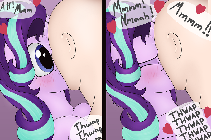 Size: 1500x999 | Tagged: suggestive, artist:noosa, derpibooru import, starlight glimmer, human, pony, unicorn, comic, eyes closed, female, hug, human on pony action, implied sex, interspecies, kissing, male, mare, messy mane, onomatopoeia, straight