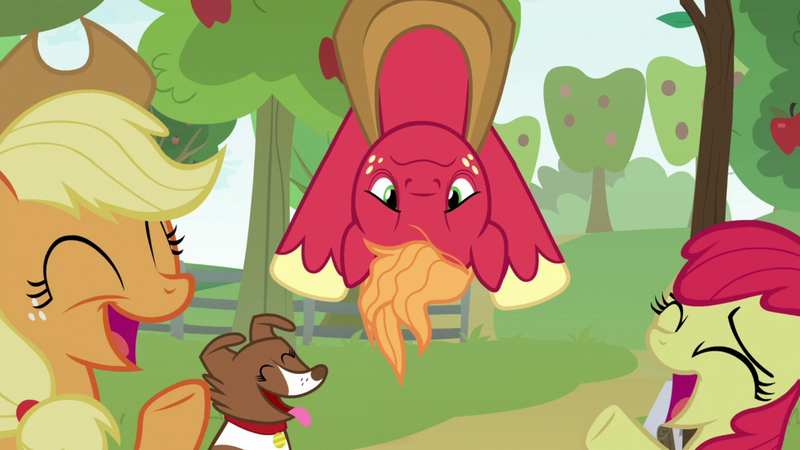 Size: 1920x1080 | Tagged: safe, derpibooru import, screencap, apple bloom, applejack, big macintosh, winona, dog, pony, going to seed, apple, apple tree, food, hanging, hanging upside down, laughing, tree, upside down