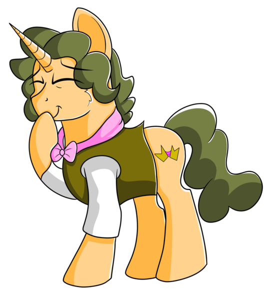 Size: 842x949 | Tagged: safe, artist:rainbowtashie, derpibooru import, cheese sandwich, fancypants, oc, oc:celebratory attire, earth pony, pony, unicorn, commissioner:bigonionbean, cute, fusion, fusion:celebratory attire, giggling, male, raised hoof, solo, stallion