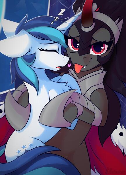 Size: 1800x2500 | Tagged: safe, artist:shadowreindeer, derpibooru import, king sombra, shining armor, pony, unicorn, :p, bed, cuddling, cute, eyes closed, female, gleamibetes, gleaming shield, heart, image, infidelity, jpeg, lesbian, lidded eyes, looking at you, mare, onomatopoeia, open mouth, queen umbra, r63 shipping, rule 63, rule63betes, shining adorable, shiningsombra, shipping, sleeping, sound effects, tongue out, umbradorable, umbrashield, zzz