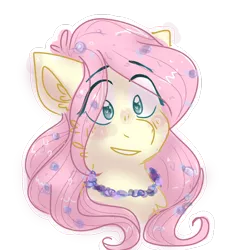 Size: 768x768 | Tagged: safe, artist:fluttershyfilly-yay, derpibooru import, fluttershy, pony, blushing, bust, ear fluff, female, flower, flower in hair, jewelry, mare, necklace, outline, portrait, simple background, smiling, solo, three quarter view, transparent background, white outline