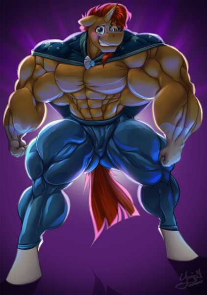 Size: 984x1400 | Tagged: suggestive, artist:ponyanony, derpibooru import, sunburst, anthro, unguligrade anthro, unicorn, abs, biceps, blushing, cape, clothes, deltoids, fetish, glasses, gunburst, male, muscle fetish, muscles, solo, solo male, spectacles, stallion, thighs, thunder thighs, tight clothing, vest