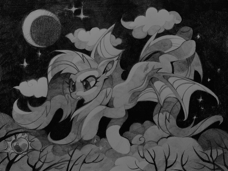 Size: 2048x1536 | Tagged: safe, artist:share dast, derpibooru import, fluttershy, bat pony, apple, bat ponified, crescent moon, fangs, female, flutterbat, flying, food, grayscale, inktober, inktober 2019, mare, monochrome, moon, night, pencil drawing, race swap, solo, traditional art