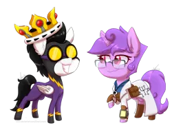 Size: 1200x922 | Tagged: safe, artist:ghostlymarie, derpibooru import, oc, oc:pipe dream, oc:technical circuits, unofficial characters only, pegasus, pony, unicorn, fallout equestria, armor, chibi, clothes, commission, costume, couple, cracked horn, crossover, crown, cutie mark, glasses, goggles, horn, jewelry, lab coat, necklace, pipbuck, red eyes, regalia, shadowbolts, shadowbolts costume