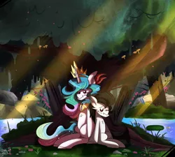 Size: 942x848 | Tagged: safe, artist:jxst-starly, derpibooru import, princess celestia, oc, oc:pipe dream, alicorn, pegasus, pony, blue feather, canon x oc, commission, crown, feather, feather in hair, forest, jewelry, phoenix feather, regalia, shipping, sleeping