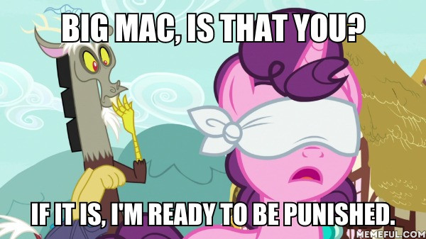 Size: 600x337 | Tagged: safe, derpibooru import, edit, edited screencap, screencap, discord, sugar belle, draconequus, earth pony, pony, the big mac question, blindfold, caption, female, image macro, implied bdsm, male, mare, text