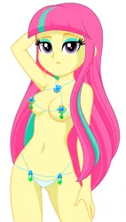 Size: 849x1490 | Tagged: suggestive, artist:rosemile mulberry, deleted from derpibooru, derpibooru import, sour sweet, equestria girls, arm behind head, armpits, bedroom eyes, belly button, bikini, breasts, clothes, female, lidded eyes, long hair, looking at you, micro bikini, simple background, solo, stupid sexy sour sweet, swimsuit, white background