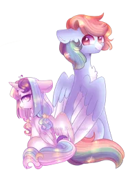 Size: 1280x1670 | Tagged: safe, artist:moon-rose-rosie, derpibooru import, rainbow dash, oc, oc:celestial moon, pegasus, pony, unicorn, alternate design, alternate universe, chest fluff, father and child, father and daughter, female, magical lesbian spawn, male, moon, multicolored hair, offspring, parent:rainbow dash, parent:twilight sparkle, parents:twidash, rainbow hair, rule 63, simple background, stars, transparent background