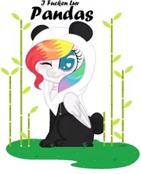 Size: 750x928 | Tagged: safe, artist:rainbowpawsarts, derpibooru import, oc, oc:rainbow paws, bear, panda, pegasus, pony, bamboo, blushing, clothes, costume, cropped, female, heart eyes, mare, multicolored hair, one eye closed, rainbow hair, scar, sitting, text, vulgar, wingding eyes, wink