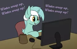 Size: 1616x1027 | Tagged: safe, artist:whiskeypanda, derpibooru import, lyra heartstrings, pony, unicorn, /mlp/, computer, computer mouse, computer screen, female, mare, mlp anniversary, monitor, mug, smiling, solo, winter wrap up song