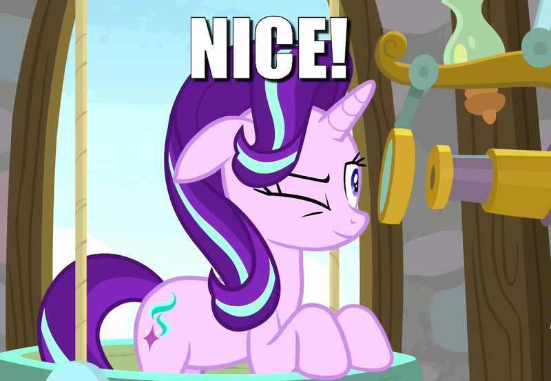 Size: 1280x886 | Tagged: a matter of principals, caption, derpibooru import, edit, edited screencap, image macro, inverted mouth, nice, safe, screencap, smiling, solo, starlight glimmer, telescope, text