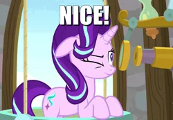 Size: 1280x886 | Tagged: a matter of principals, caption, derpibooru import, edit, edited screencap, image macro, inverted mouth, nice, safe, screencap, smiling, solo, starlight glimmer, telescope, text