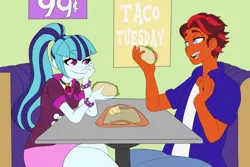 Size: 3750x2500 | Tagged: safe, artist:sharpiesketches, derpibooru import, sonata dusk, oc, oc:orange spice, human, equestria girls, dating, eating, sitting, smiling, taco bell, talking