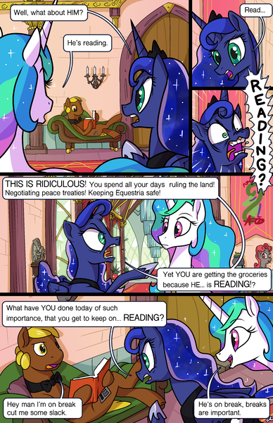 Size: 1989x3072 | Tagged: safe, artist:docwario, derpibooru import, princess celestia, princess luna, oc, oc:lump sum, alicorn, earth pony, pony, comic:royal chores, angry, break, comic, female, male, mare, open mouth, reading, royal sisters, shocked, sitting, sofa bed, speech bubble, stallion