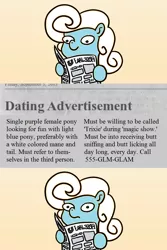 Size: 680x1020 | Tagged: suggestive, artist:muffinexplosion, derpibooru import, trixie, pony, exploitable meme, female, hoof hold, implied lesbian, implied shipping, implied twixie, lesbian, mare, meme, newspaper, newspaper meme, personal ad, shipping