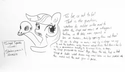 Size: 1859x1077 | Tagged: safe, artist:tjpones, derpibooru import, twilight sparkle, pony, dialogue, hamlet, monochrome, shakespeare, skull, solo, text, to be or not to be