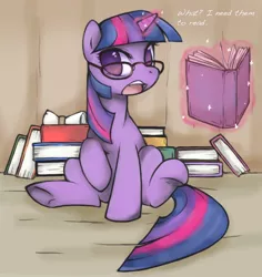 Size: 893x945 | Tagged: source needed, safe, artist:soulspade, derpibooru import, edit, twilight sparkle, pony, unicorn, book, dialogue, female, glasses, levitation, magic, magic aura, mare, open mouth, reading glasses, sitting, solo, telekinesis, unicorn twilight