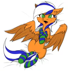 Size: 4800x4991 | Tagged: safe, artist:tatykin, derpibooru import, oc, oc:naarkessex, unofficial characters only, pegasus, pony, bed, cheek fluff, clothes, ear fluff, female, on bed, pegasus oc, socks, solo, striped socks, wings