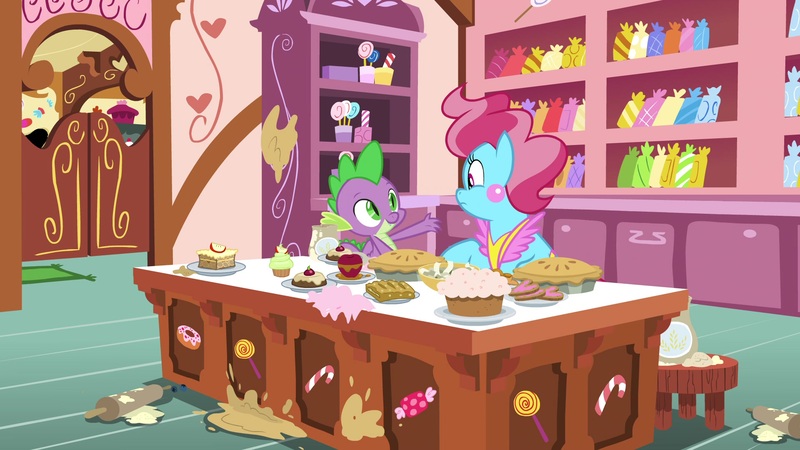 Size: 1920x1080 | Tagged: safe, derpibooru import, screencap, cup cake, spike, dragon, pony, the big mac question, cake, flour, food, paper, pie, rolling pin, winged spike