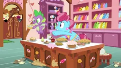 Size: 1920x1080 | Tagged: safe, derpibooru import, screencap, cup cake, spike, dragon, pony, the big mac question, cake, flour, food, paper, pie, rolling pin, winged spike