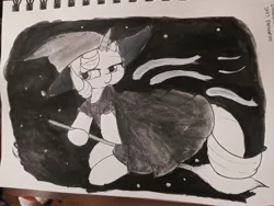 Size: 4160x3120 | Tagged: safe, artist:taurson, derpibooru import, starlight glimmer, pony, unicorn, broom, clothes, dress, flying, flying broomstick, halloween, hat, holiday, inktober, inktober 2019, monochrome, solo, traditional art, witch, witch hat