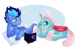 Size: 2200x1500 | Tagged: safe, artist:vert_glamis, derpibooru import, ocellus, oc, oc:jet stream, changedling, changeling, pony, blushing, book, canon x oc, commission, female, floppy ears, looking at each other, male, pillow, prone, simple background, smiling, stallion, straight, transparent background
