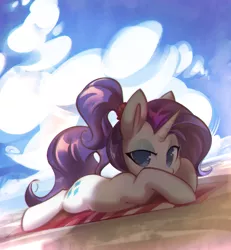 Size: 1602x1737 | Tagged: safe, artist:mirroredsea, derpibooru import, rarity, pony, unicorn, alternate hairstyle, beach, beach towel, cute, female, lidded eyes, looking at you, lying down, mare, ponytail, prone, raribetes, solo