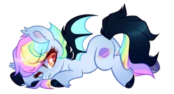 Size: 1166x630 | Tagged: safe, artist:_spacemonkeyz_, derpibooru import, oc, oc:pidge, bat pony, pony, bat pony oc, bat wings, colored hooves, female, freckles, mare, multicolored hair, one eye closed, rainbow hair, simple background, solo, transparent background, wings, wink