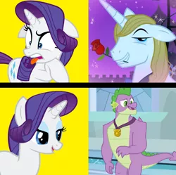 Size: 1448x1440 | Tagged: safe, derpibooru import, edit, edited screencap, editor:jdmiles, screencap, prince blueblood, rarity, spike, dragon, pony, unicorn, the best night ever, the last problem, adult, canterlot castle, disgusted, female, flower, flower in mouth, gigachad spike, grown, hotline bling, male, mare, meme, mouth hold, older, older spike, rariblood, rose, rose in mouth, shipping, sparity, stallion, straight, winged spike