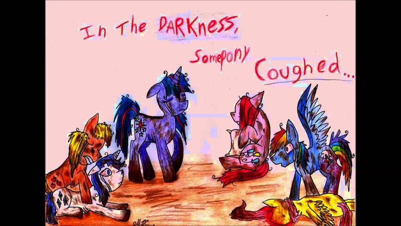 Size: 1280x720 | Tagged: semi-grimdark, derpibooru import, applejack, fluttershy, pinkie pie, rainbow dash, rarity, twilight sparkle, earth pony, pegasus, pony, unicorn, :o, abuse, blood, bloodshot eyes, creepypasta, crying, dirty, eyes closed, fanfic art, female, flutterbuse, frown, gritted teeth, hug, mane six, mare, messy mane, open mouth, pillow, pillow hug, pinkamena diane pie, prone, sad, shocked, spread wings, text, the cough, unicorn twilight, wide eyes, wings