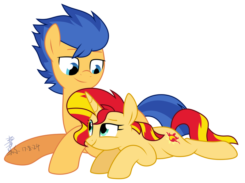 Size: 1688x1264 | Tagged: safe, artist:yaaaco, derpibooru import, edit, flash sentry, sunset shimmer, pegasus, pony, unicorn, cropped, cute, female, flashimmer, looking at each other, lying down, male, mare, prone, shipping, simple background, stallion, straight, white background