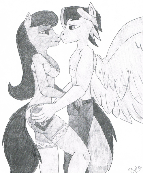 Size: 1599x1935 | Tagged: suggestive, artist:cypisek95, derpibooru import, oc, oc:light flash, oc:white limon, unofficial characters only, anthro, earth pony, pegasus, 2 handfuls of dat ass, 2 handfuls of dem hips, bedroom eyes, black and white, bra, breasts, butt grab, butt touch, clothes, female, grayscale, grope, imminent sex, lightmon, lip bite, looking at each other, monochrome, not octavia, panties, partial nudity, simple background, socks, spread wings, stockings, thigh highs, topless, traditional art, underwear, white background, wings